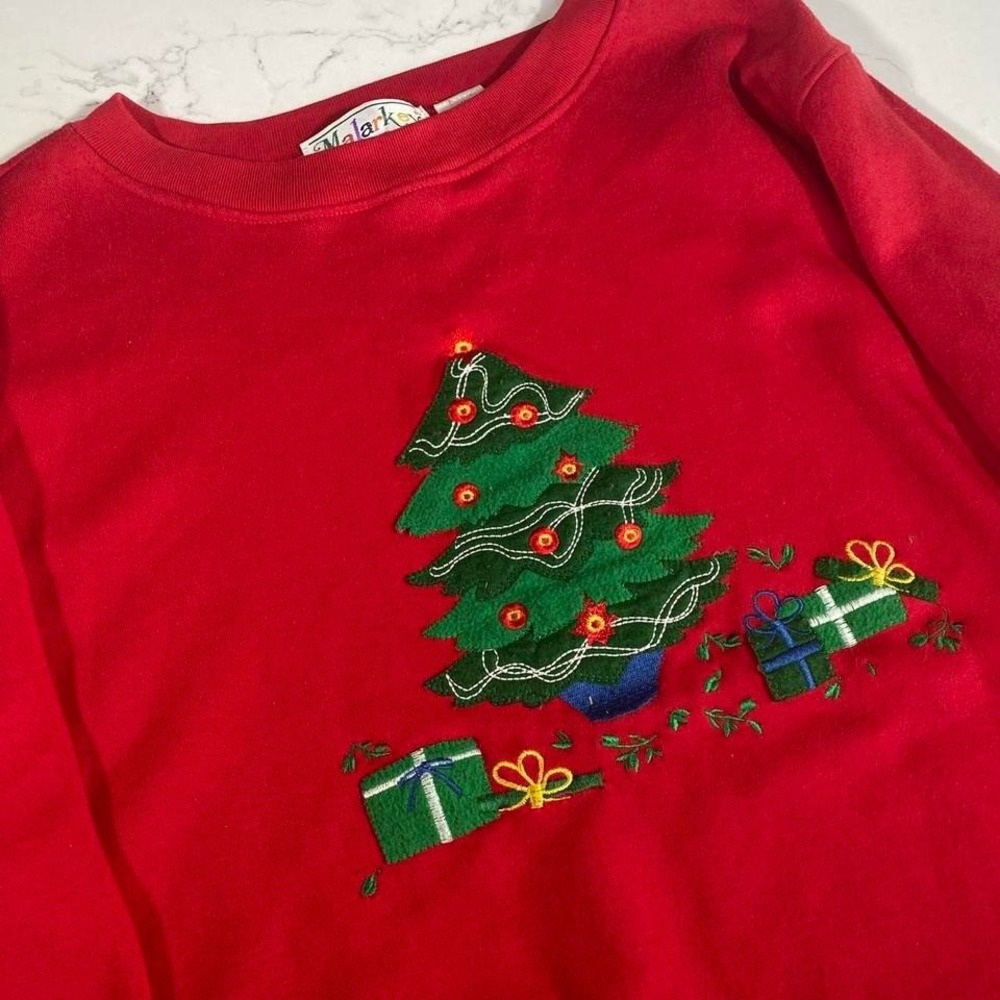Vintage‎ Y2K Malarkey Christmas Tree Embroidered Sweatshirt XL